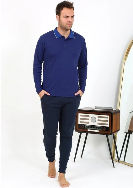 Moda Erkek Polo Yaka Uzun Kol Penye Pijama Takımı Lacivert