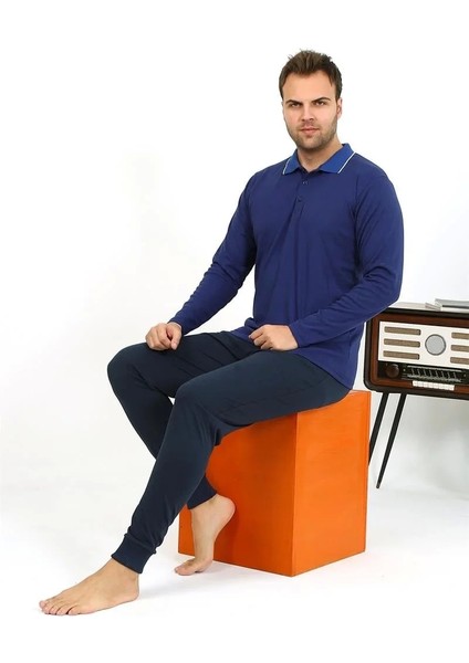 Moda Erkek Polo Yaka Uzun Kol Penye Pijama Takımı Lacivert fiyatları