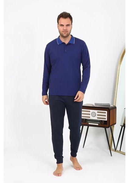 Moda Erkek Polo Yaka Uzun Kol Penye Pijama Takımı Lacivert modelleri