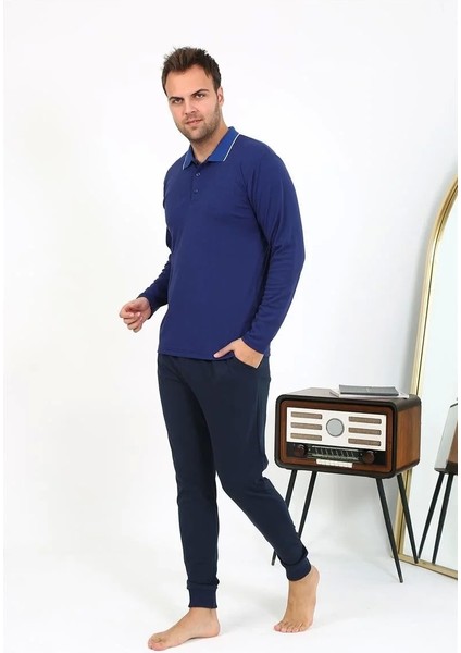 Moda Erkek Polo Yaka Uzun Kol Penye Pijama Takımı Lacivert fırsatları