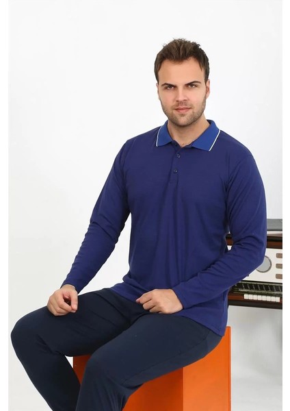 Moda Erkek Polo Yaka Uzun Kol Penye Pijama Takımı Lacivert indirimleri