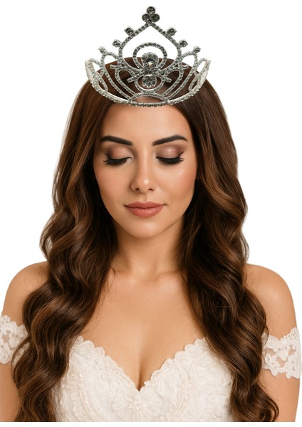 Taç Metal Taşlı Prenses İşlemeli Lüks Gümüş üstten indirimleri