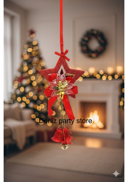 Yılbaşı Kırmızı Yıldızlı Fiyonklu Çanlı Kapı Süsü 13X33 cm