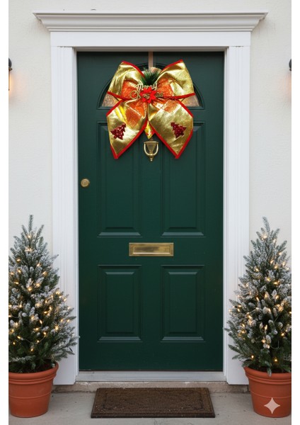 Yılbaşı Merry Christmas Parlak Gold Fiyonk Kapı Süsü 30*26 cm