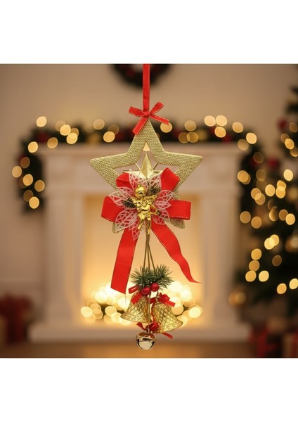 Yılbaşı Gold Yıldızlı Fiyonklu Çanlı Kapı Süsü 13X33 cm