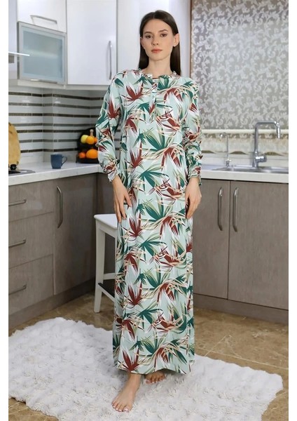 Moda Kadın Uzun Kol Penye Gecelik Ev Elbisesi Yeşil
