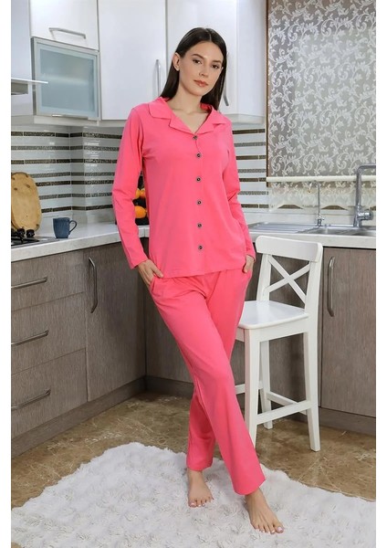 Moda Kadın Pamuk Penye Önden Düğmeli Uzun Kol Pijama Takım Pembe indirimleri