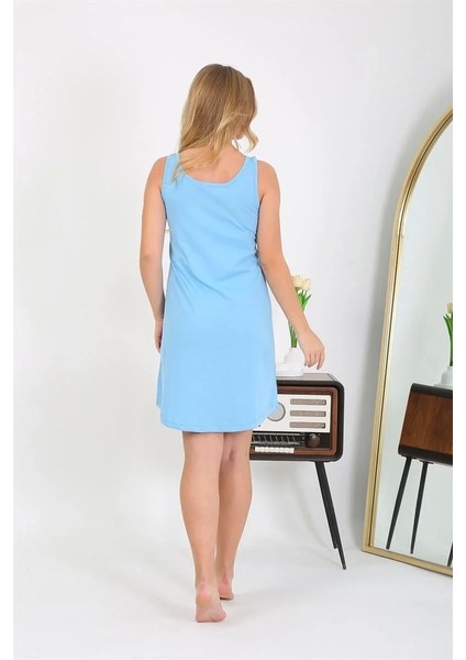 Moda Kadın Kalın Askılı Penye Gecelik Mavi