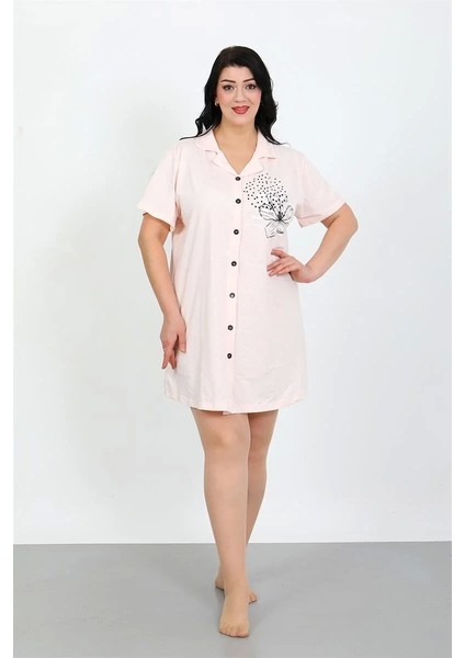 Moda Büyük Beden Penye Düğmeli Pudra Tunik Gecelik