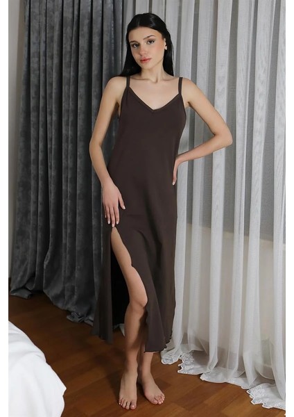Moda Kadın Ip Askılı Uzun Yırtmaçlı Pamuk Penye Gecelik Kahve