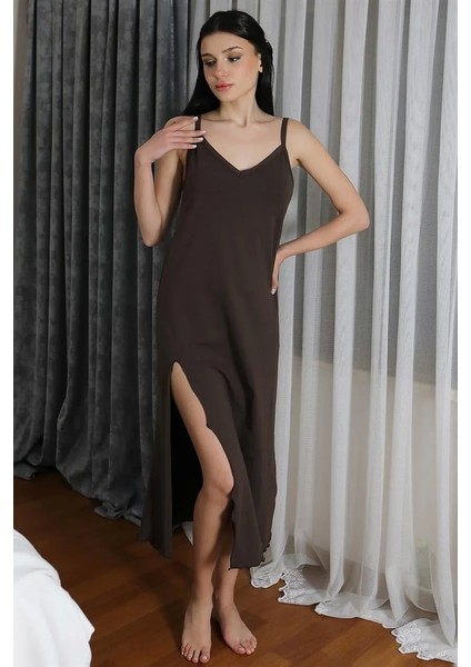 Moda Kadın Ip Askılı Uzun Yırtmaçlı Pamuk Penye Gecelik Kahve modelleri