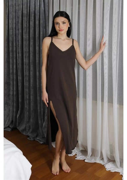 Moda Kadın Ip Askılı Uzun Yırtmaçlı Pamuk Penye Gecelik Kahve fırsatları