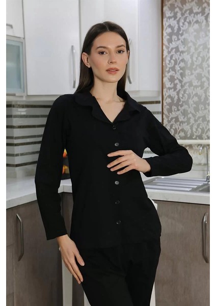 Moda Kadın Pamuk Penye Önden Düğmeli Uzun Kol Pijama Takım Siyah