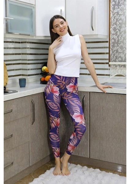 Moda Kadın Micro Desenli Tayt Mor