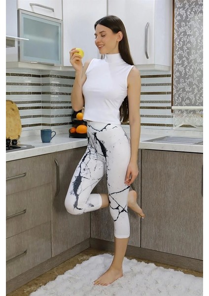 Moda Kadın Micro Desenli Dizaltı Tayt Beyaz