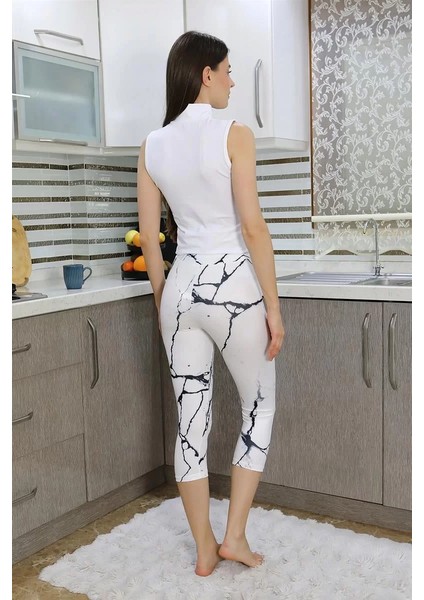 Moda Kadın Micro Desenli Dizaltı Tayt Beyaz modelleri