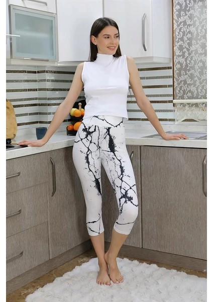 Moda Kadın Micro Desenli Dizaltı Tayt Beyaz indirimleri