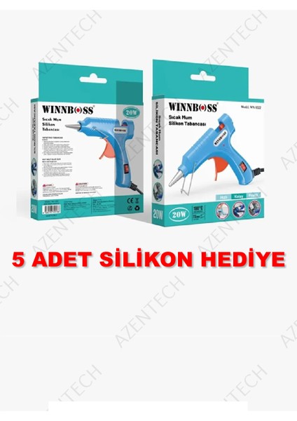Metal Uçlu-Düğmeli-20W-190C 7.5mm Çapında Ince Sıcak Mum Silikon Tabancası+5 Silikon Hediye