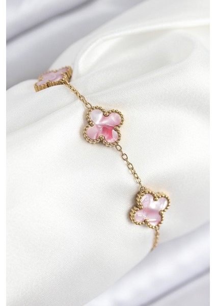 316L Çelik Sedefli Pembe Gold Renk Yonca Kadın Bileklik