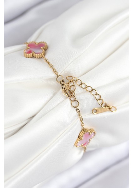 316L Çelik Sedefli Pembe Gold Renk Yonca Kadın Bileklik fiyatları