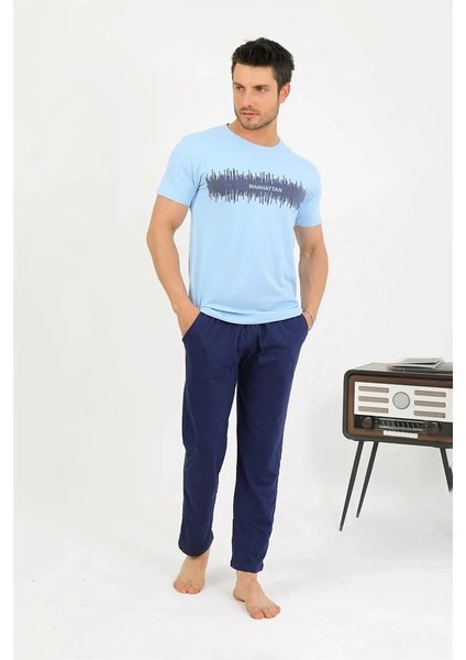 Moda Erkek Pamuk Kısa Kol Pijama Takım Mavi fırsatları