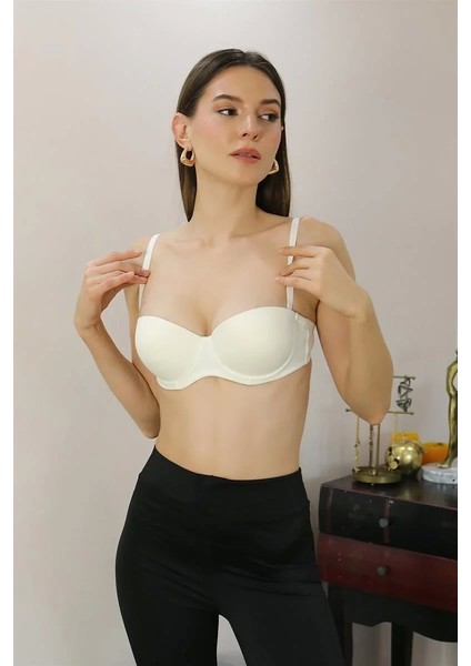 Moda Kadın Yarım Destekli Balenli Staplez Sütyen Ekru