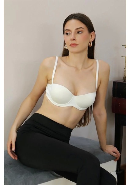 Moda Kadın Yarım Destekli Balenli Staplez Sütyen Ekru