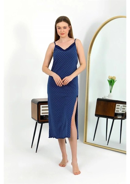 Moda Ip Askılı Uzun Yırtmaçlı Penye Gecelik Lacivert indirimleri