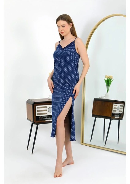 Moda Ip Askılı Uzun Yırtmaçlı Penye Gecelik Lacivert