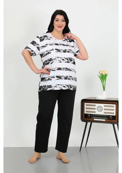 Moda Kadın Büyük Beden Kısa Kol Penye Pijama Takımı Beyaz