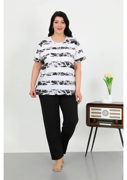 Moda Kadın Büyük Beden Kısa Kol Penye Pijama Takımı Beyaz indirimleri