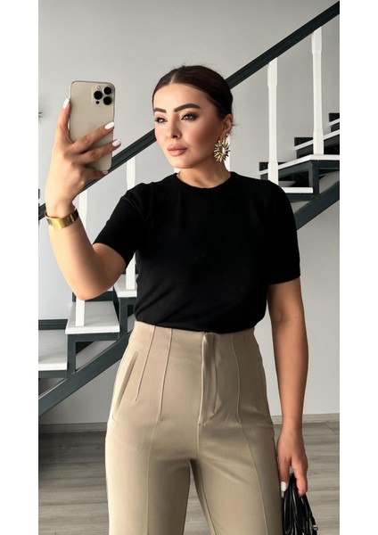 Siyah Bisiklet Yaka Kısa Kol Triko Bluz modelleri