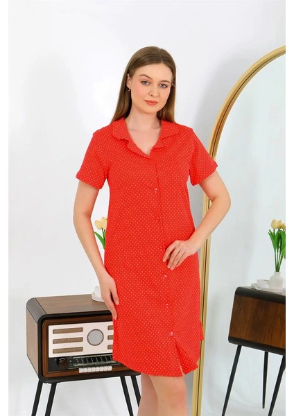 Moda Kadın Pamuk Penye Kısa Kol Düğmeli Kırmızı Tunik Gecelik fiyatları