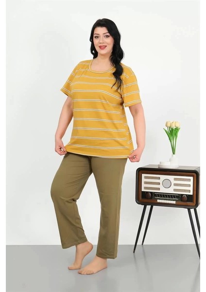 Moda Kadın Büyük Beden Kısa Kol Penye Pijama Takımı Sarı