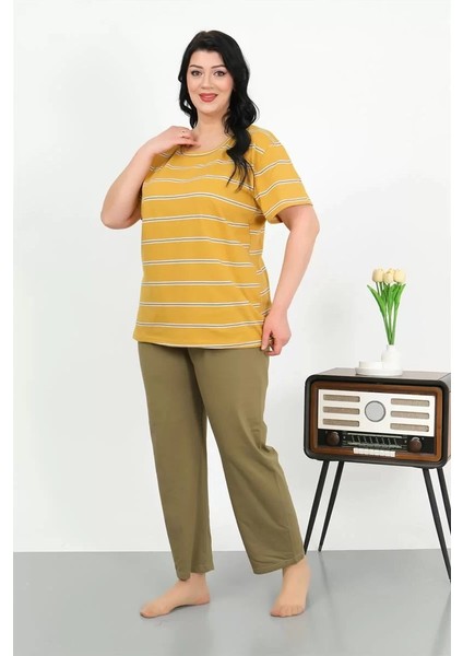 Moda Kadın Büyük Beden Kısa Kol Penye Pijama Takımı Sarı modelleri