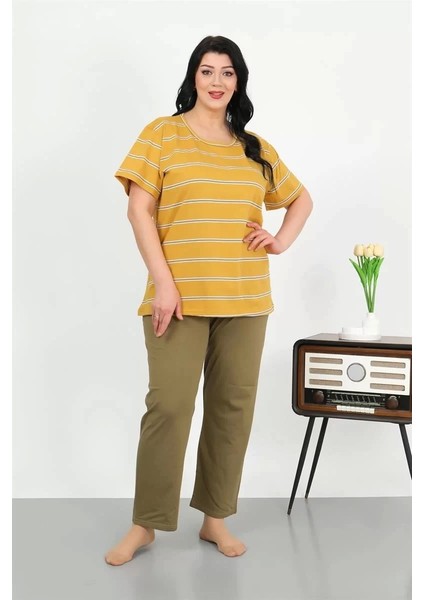Moda Kadın Büyük Beden Kısa Kol Penye Pijama Takımı Sarı indirimleri