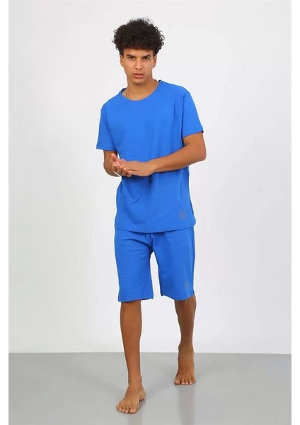 Moda Erkek Pamuk Lakost Alt Üst Kaprili Pijama Takım Saks