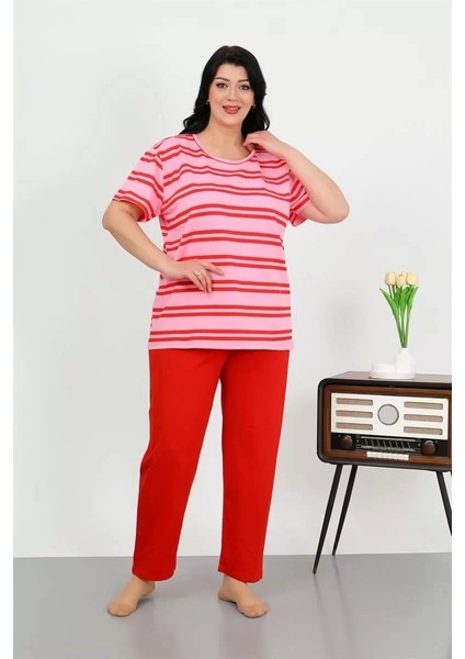 Moda Kadın Büyük Beden Kısa Kol Penye Pijama Takımı Kırmızı