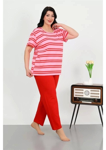 Moda Kadın Büyük Beden Kısa Kol Penye Pijama Takımı Kırmızı modelleri