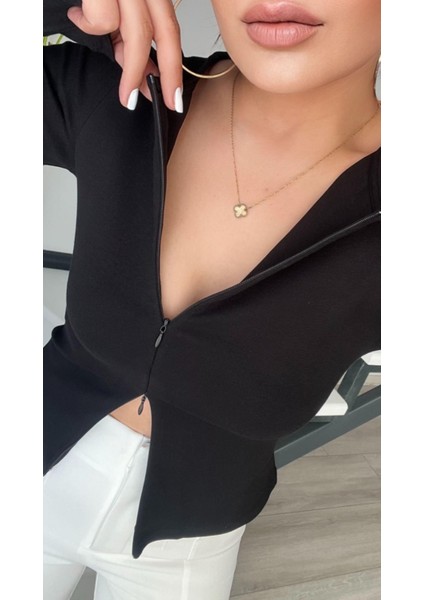 Siyah Fermuar Detaylı Uzun Kollu Bluz fiyatları