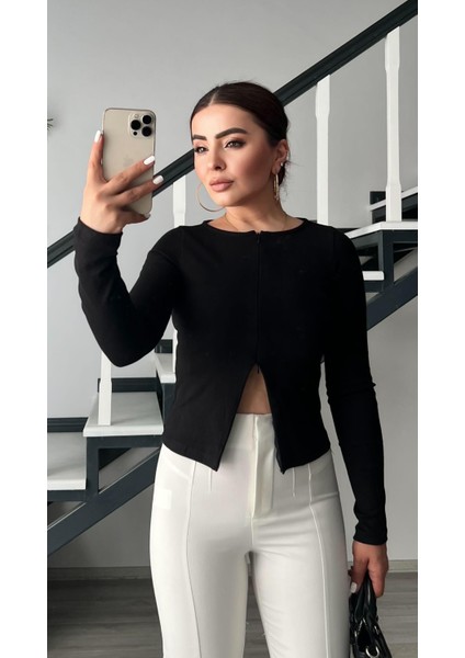Siyah Fermuar Detaylı Uzun Kollu Bluz modelleri