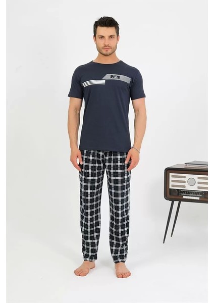 Moda Erkek Pamuk Kısa Kol Pijama Takım Lacivert
