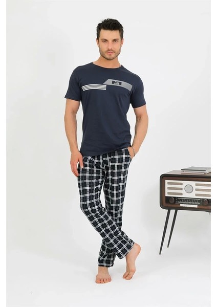 Moda Erkek Pamuk Kısa Kol Pijama Takım Lacivert