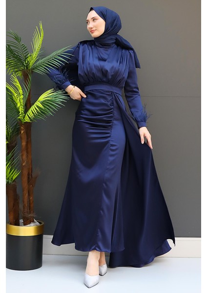 Tüylü Saten Tesettür Elbise Lacivert