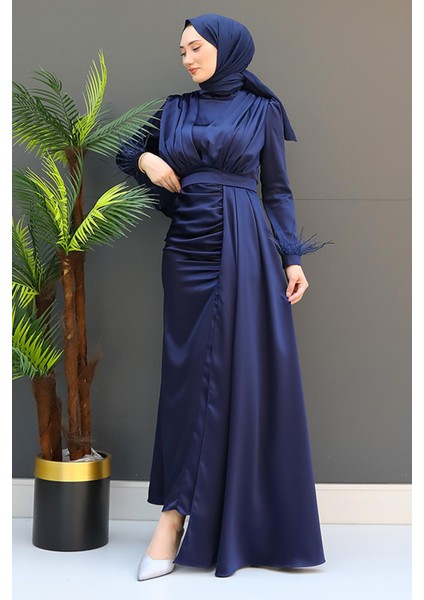 Tüylü Saten Tesettür Elbise Lacivert fiyatları