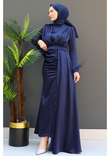 Tüylü Saten Tesettür Elbise Lacivert modelleri