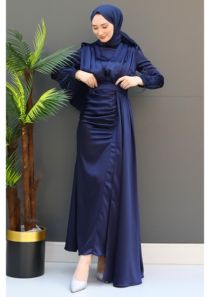 Tüylü Saten Tesettür Elbise Lacivert fırsatları
