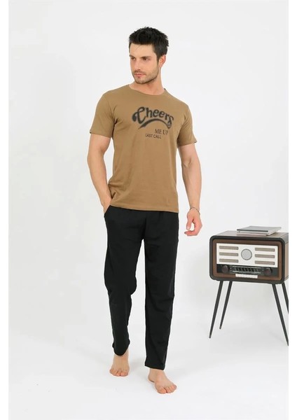 Moda Erkek Pamuk Kısa Kol Pijama Takım Vizon