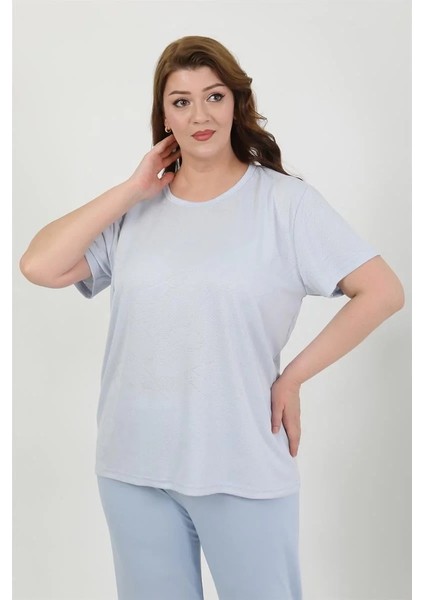 Moda Kadın Büyük Beden Kısa Kol Penye Pijama Takımı Mavi