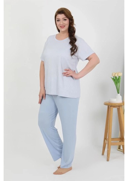 Moda Kadın Büyük Beden Kısa Kol Penye Pijama Takımı Mavi modelleri